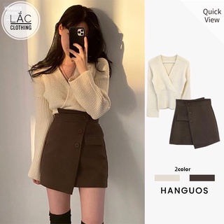 Set áo len cổ v + chân váy cạp cao phong cách hàn quốc