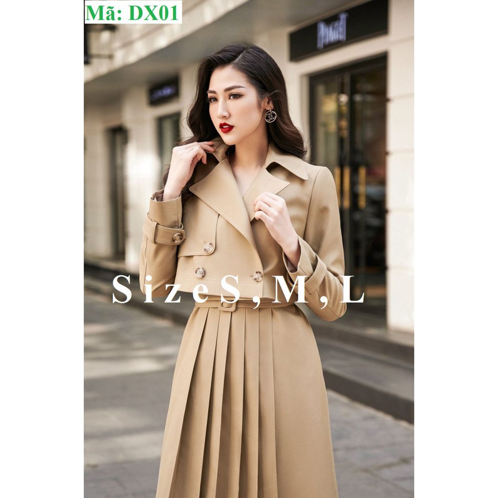 Đầm nâu xòe ống kèm áo khoác kaki ép lụa dự tiệc công sở cao cấp Thoitranghd.com
