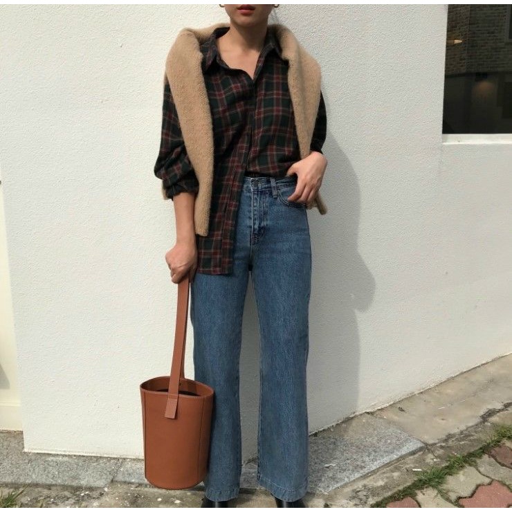 Áo sơ mi caro tay dài thời trang retro Hàn Quốc