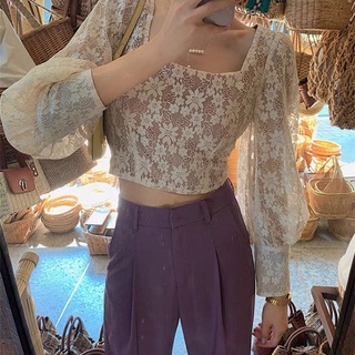 [SẴN]Áo ren tay dài phong cách vintage+quần suông tím xinh xắn ulzzang SAM SAM BOUTIQUE