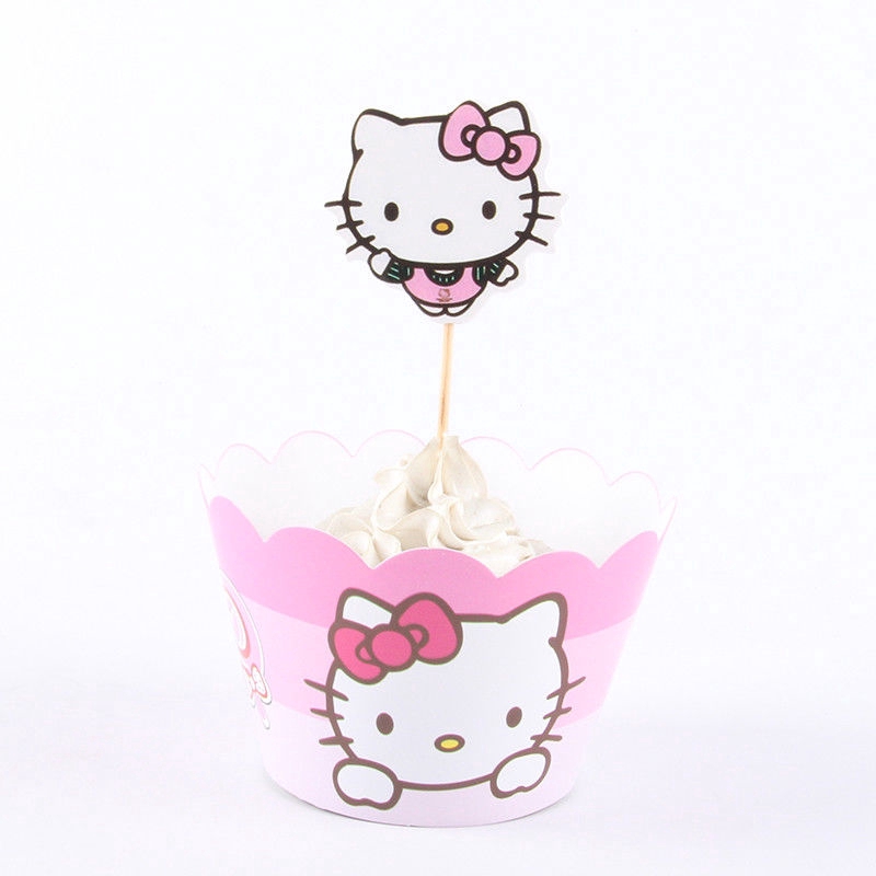 24pcs Happy Birthday Kitty Cupcake Wrappers Toppers