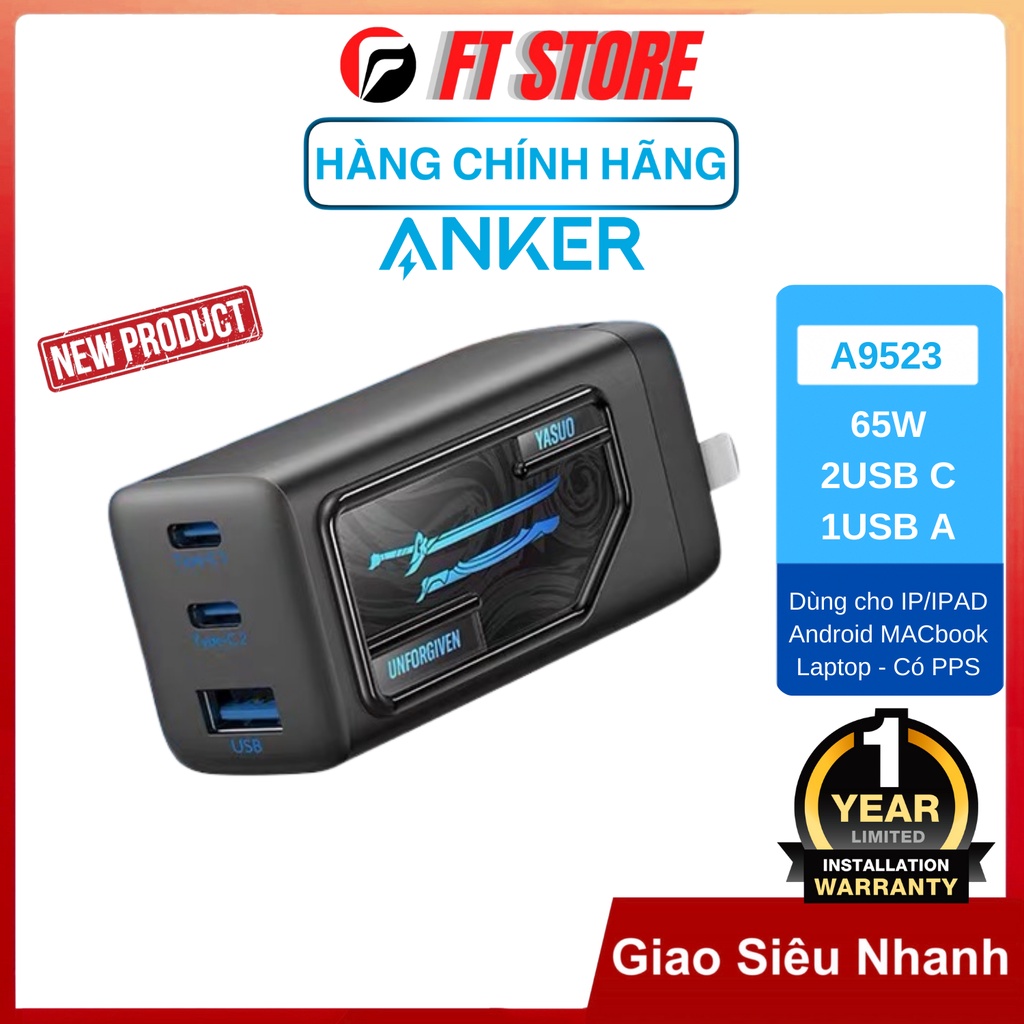 [GIAO HỎA TỐC]Củ sạc nhanh Anker 65W A9523 A9521 Liên Minh Huyền Thoại (Yasuo) PPS, QC3.0, PD20w, PD30W cho IP, andr