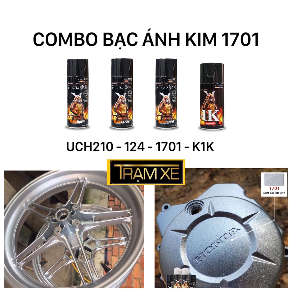 COMBO Sơn xịt Samurai màu Bạc lấp lánh ánh kim 1701 gồm 4 chai đủ quy trình bền đẹp có hạt ánh kim nhiều (Uch210 - 124 -