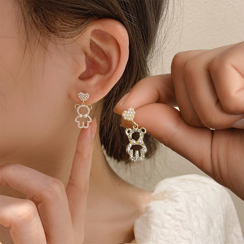 1 Đôi Bông Tai Hình Gấu Đính Đá Ngọc Trai Nhân Tạo Dễ Thương Dành Cho Nữ