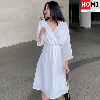 ĐẦM  TRẮNG CỔ CHỮ V, đầm dạo phố HomiFashion