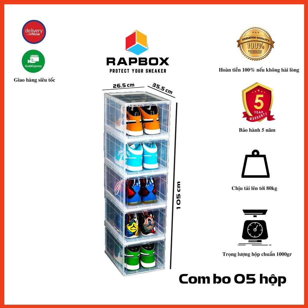 Combo 5 Hộp Đựng Giày Nhựa Cứng , Trong Suốt Cửa Mở Nam Châm RAPBOX - 5HRB, Hộp Size Lớn