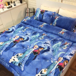 Bộ chăn ga gối cottong poly hè thu 5 món- elsa xanh