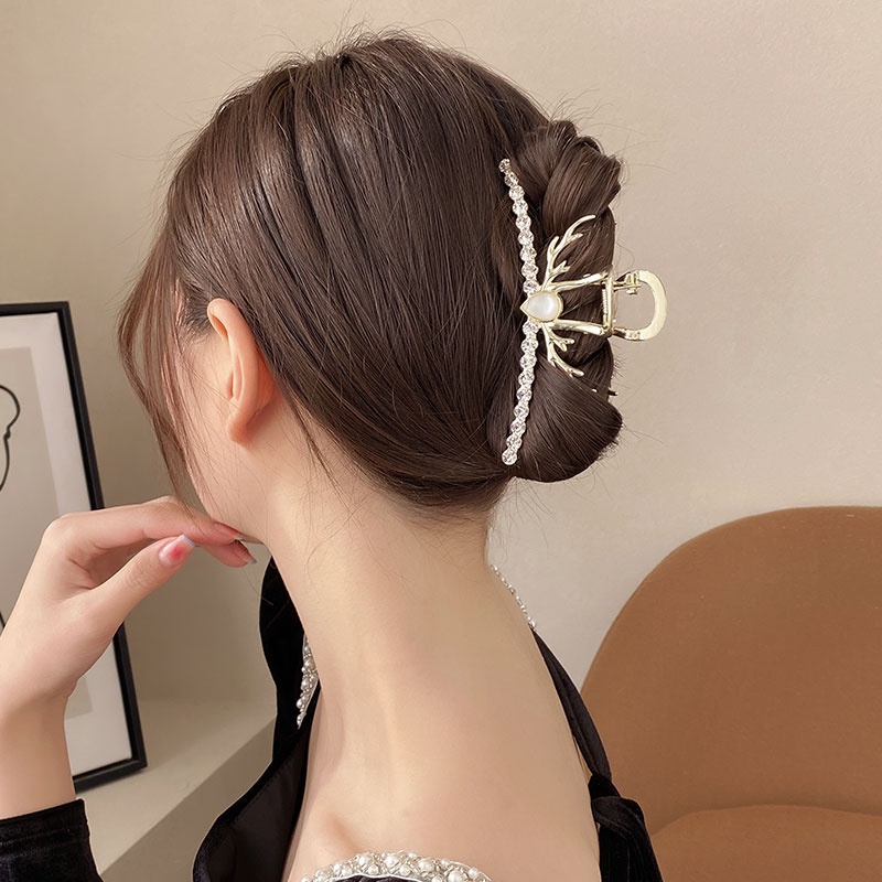 Kẹp Tóc Kim Loại Hình Tuần Lộc Đính Đá Lấp Lánh Phong Cách Vintage Hàn Quốc