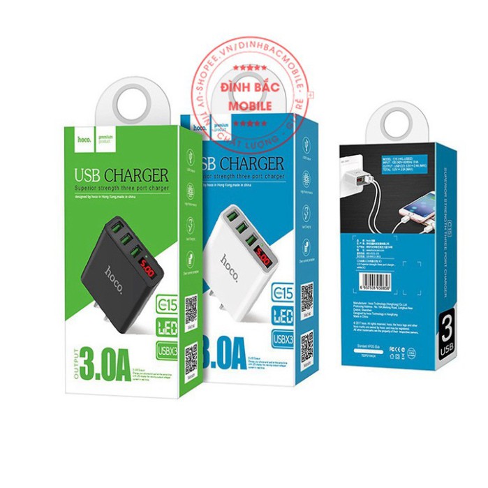CỦ SẠC 3 ĐẦU HIỆU HOCO CÓ ĐÈN LED HIỂN THỊ DÒNG ĐIỆN CHO CÁC MÁY IPHONE SAMSUNG OPPO... MÃ C15