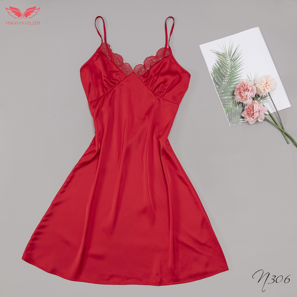 VINGO Váy Ngủ Hai Dây Nữ Lụa Pháp Trơn Cao Cấp Phối Ren Ngực Sexy Quyến Rũ N306 VNGO