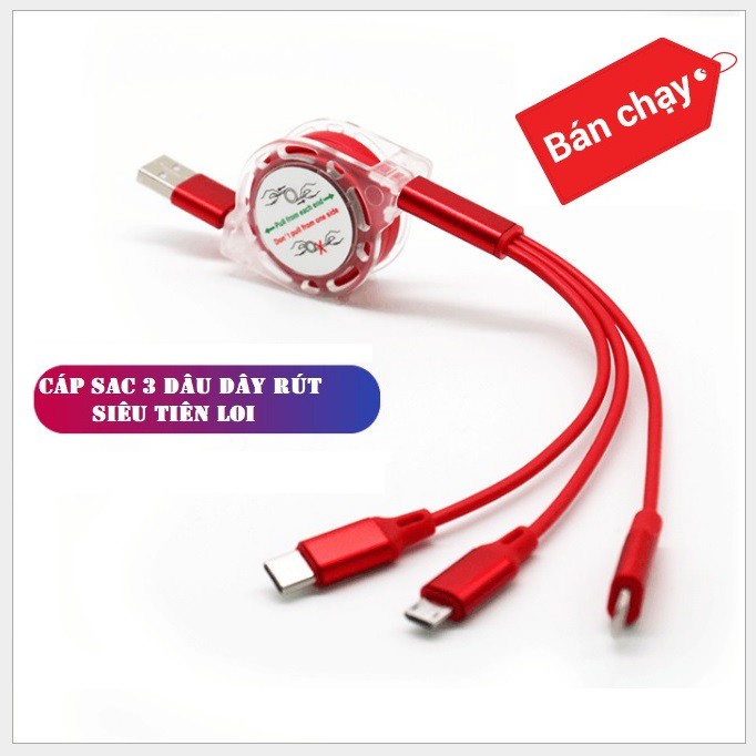 Cáp Sạc 3 Đầu Thông Minh 3 in1 Tích Hợp MicroUSB Type C Lightning - Dây Sạc Rút Kéo 1m Nhiều Đầu Đa Năng