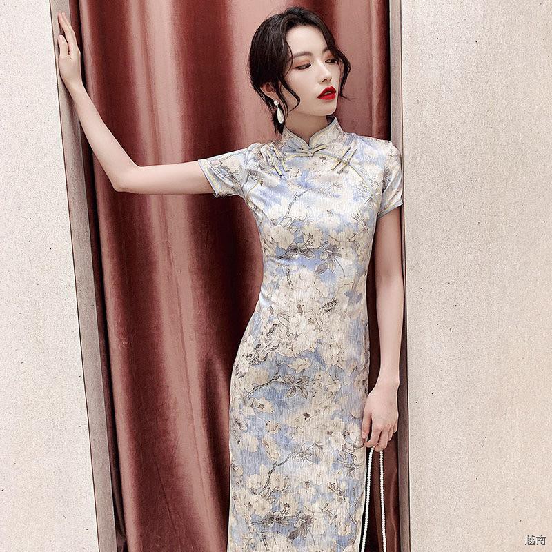 ☌┅✑2021 phong cách mới cổ điển Trung Quốc sườn xám Pháp, phiên bản dài và cải tiến của váy cô gái trẻ mùa hè