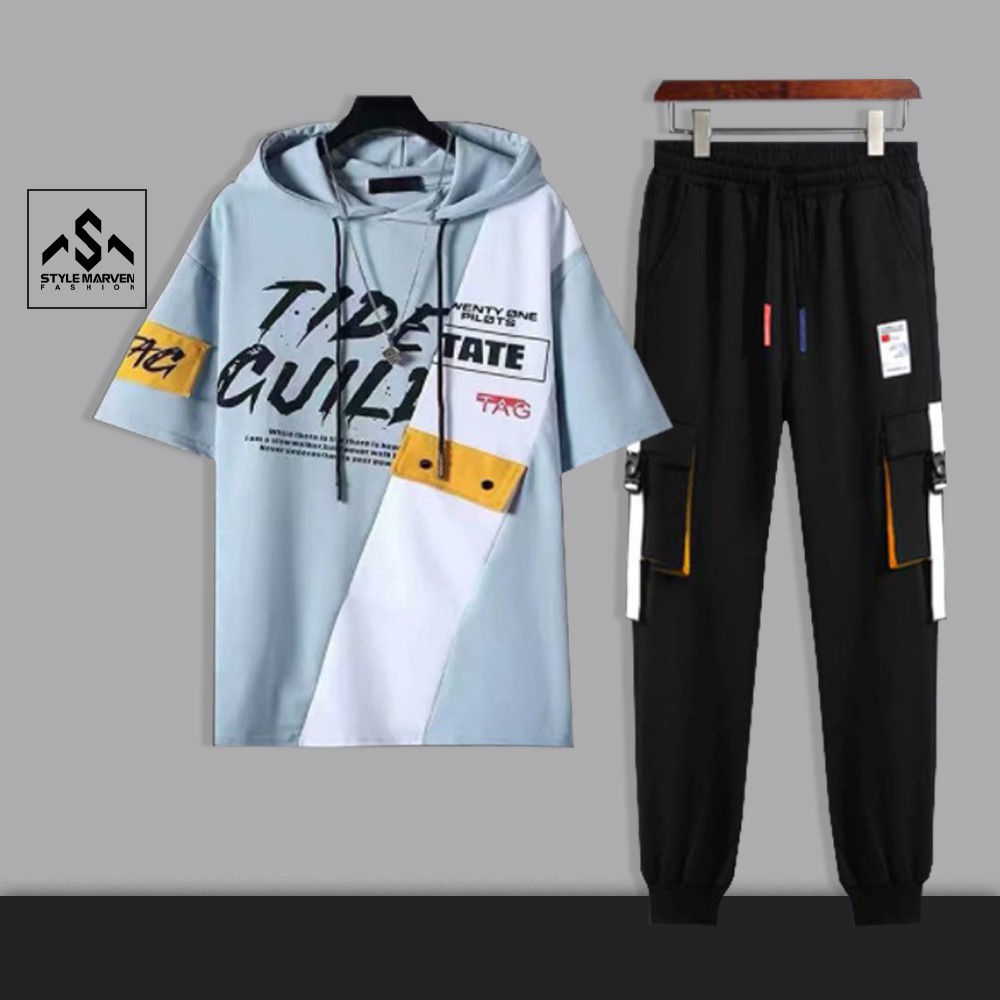 Bộ quần áo thun nam ngắn tay STYLE MARVEN hoodie TIDE GULLI kết hợp jogger túi hộp thời trang - SET NAM 9000024