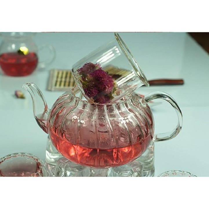 Ấm Trà Thủy Tinh Chịu Nhiệt Cao Cấp, Bình Trà Có Lõi Lọc Thủy Tinh, Ấm Thủy Tinh Vân Kẻ Bí Ngô Size 600ml Puka A3