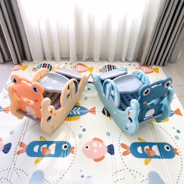 FREE SHIP !!! Đồ chơi cầu trượt 3in1 9Baby Cá Heo MÀU XANH, biến hình bập bênh và cột bóng rổ