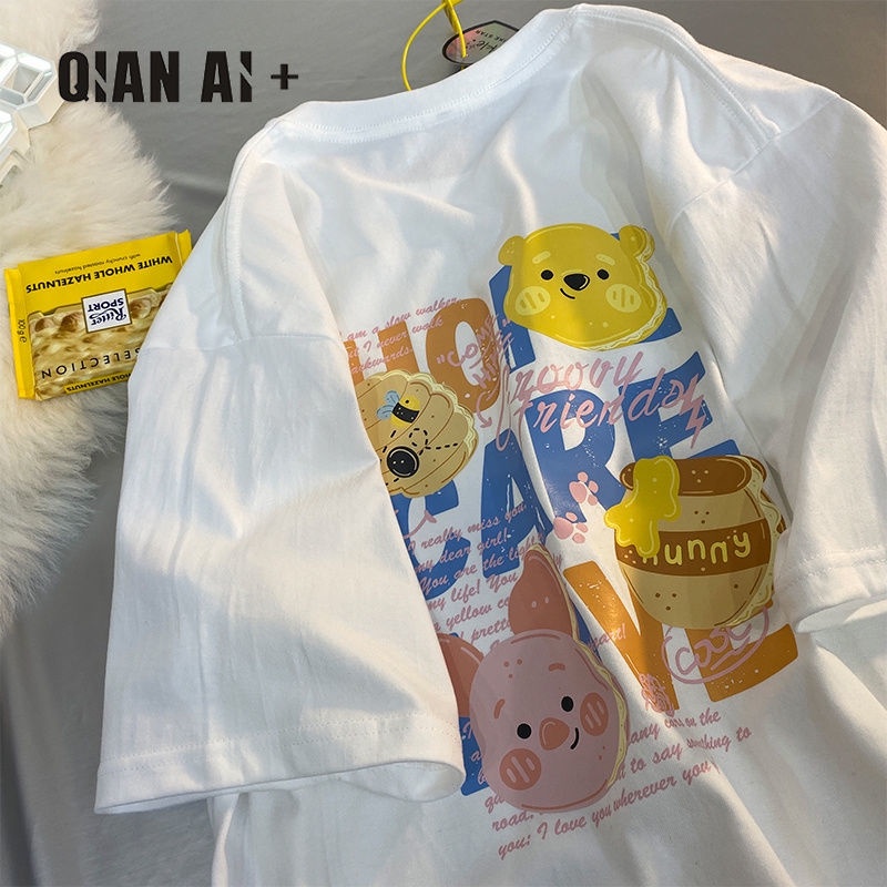 Áo Thun Cotton Ngắn Tay Dáng Rộng In Họa Tiết Gấu Hoạt Hình Xinh Xắn Dành Cho Nữ