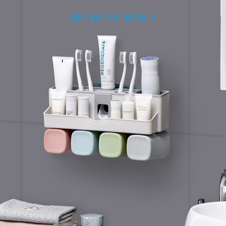 Dụng cụ treo bàn chải kem đánh răng kèm 4 cốc hút chân không tự nhả kem đánh răng có thể để sữa rửa măt đồ trang điểm