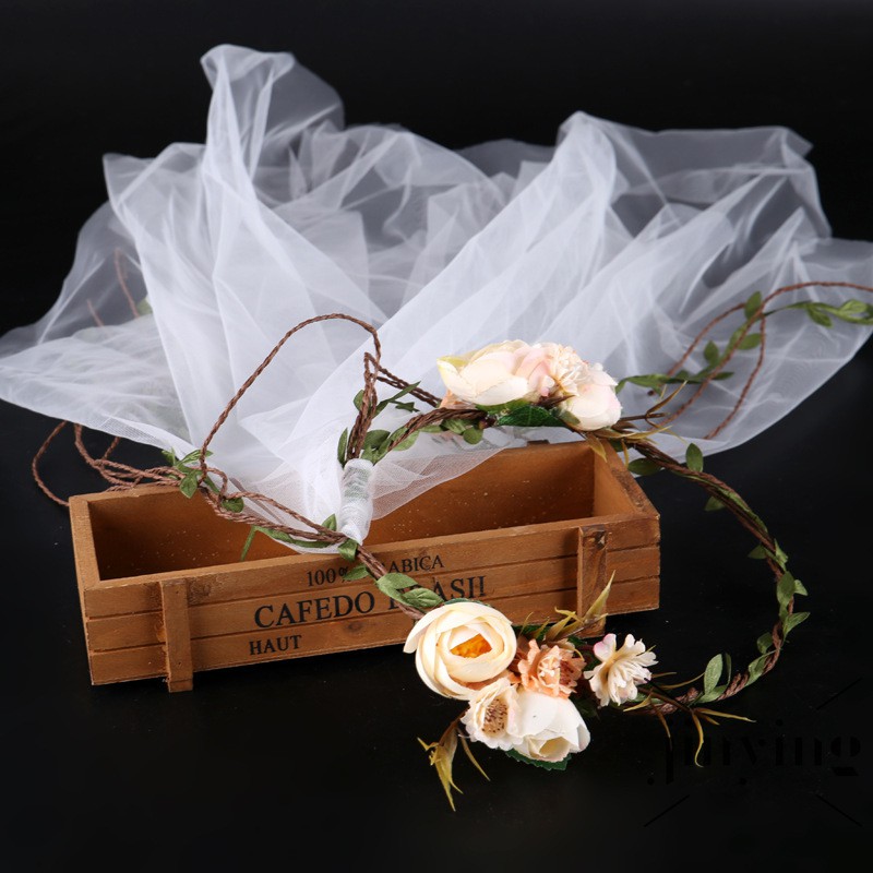 GETNOIVAS Vòng hoa cô dâu với mạng vải phủ