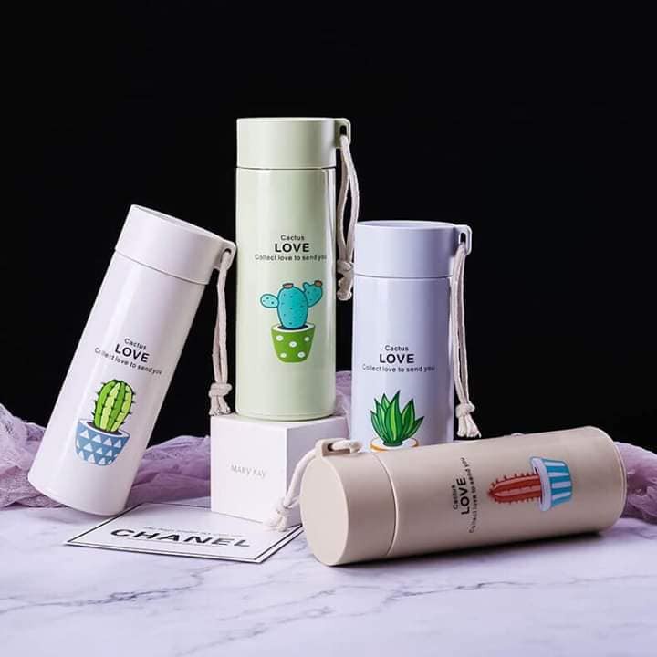 Bình giữ nhiệt in hình xương rồng 450ml lõi thủy tinh bọc nhựa lúa mạch có dây xách tiện dụng