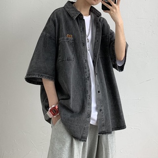 Áo Sơ Mi Denim Tay Lửng Dáng Rộng Thêu Họa Tiết Thời Trang Cao Cấp Cho Nam