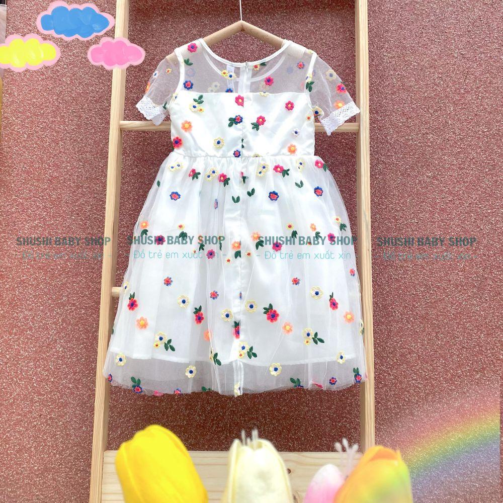 Váy bé gái màu trắng thêu hoa nổi 5 lớp dáng tiểu thư xinh xắn