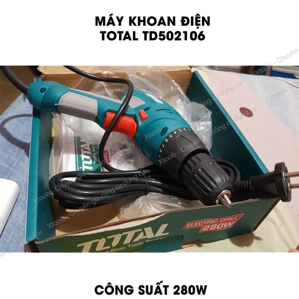 Máy khoan cầm tay TOTAL TD502106 công suất 280w, tốc độ750 rpm khả năng khoan 10 mm, đầu khoan tự động: 10mm, điện áp 22