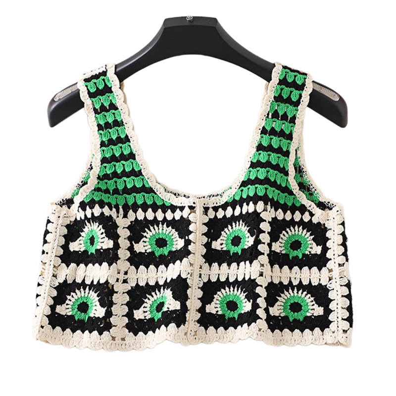 Áo Croptop Dệt Kim Họa Tiết Mắt Hình Học Màu Sắc Tương Phản Cho Nữ