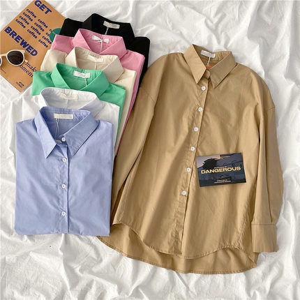 Áo Sơ Mi Tay Dài Dáng Rộng Màu Trơn Kiểu Nhật Hàn Thời Trang Xuân Thu Cho Nữ