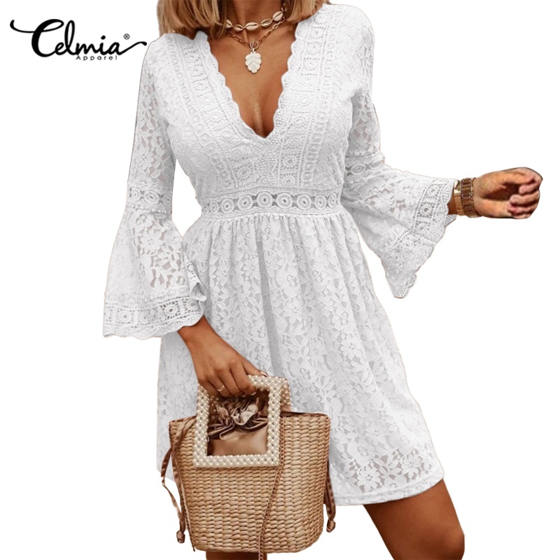 Đầm CELMIA cổ chữ V tay loe phối ren thời trang cho nữ