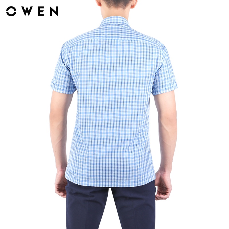 Áo sơ mi ngắn tay nam Owen Bạch đàn Body Fit màu Xanh trắng - BA23388N
