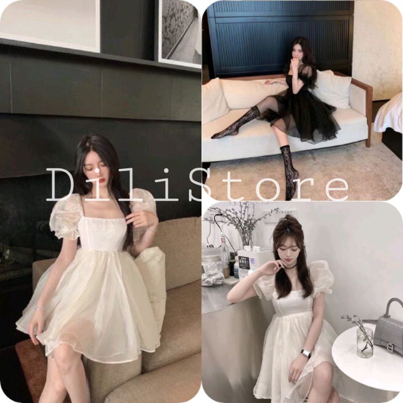Đầm Babydoll Nữ Cổ Vuông Voan Kính 🦋 Váy Nữ Dáng Xòe Cộc Tay 2 Lớp 2 Màu 🦋 | BigBuy360 - bigbuy360.vn