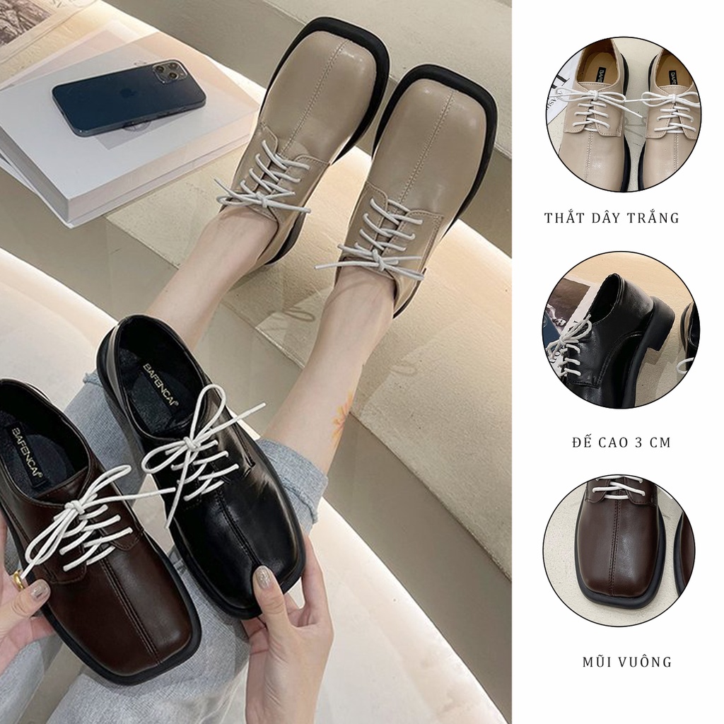 Giày Nữ Ulzzang Vintage, Giày Oxford Doctor Mũi Vuông Da Mềm Thắt Dây Trắng Đế Độn 3cm, Hàn Quốc - Iclassy_shoes