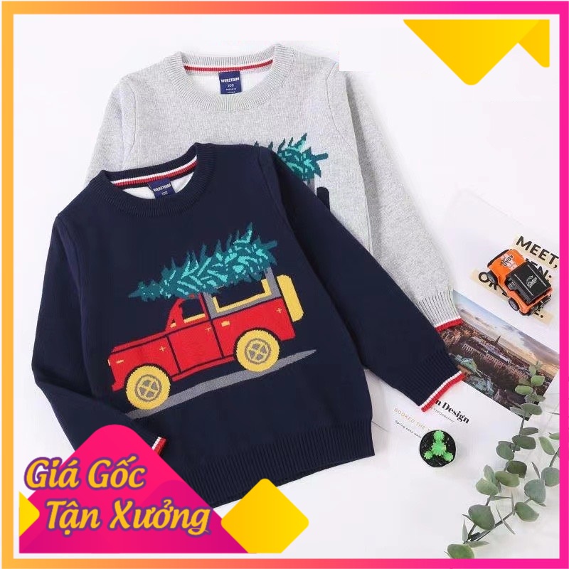 Áo len trẻ em nam xuất Hàn 2-7 tuổi 2 lớp hình oto chở cây thông không bai xù kiểu dáng thời tr