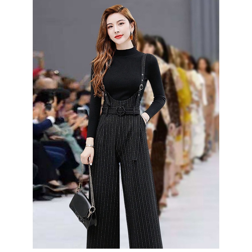 Bộ đồ gồm áo và quần yếm ống rộng phong cách Hàn Quốc thời trang cá tính dành cho nữ