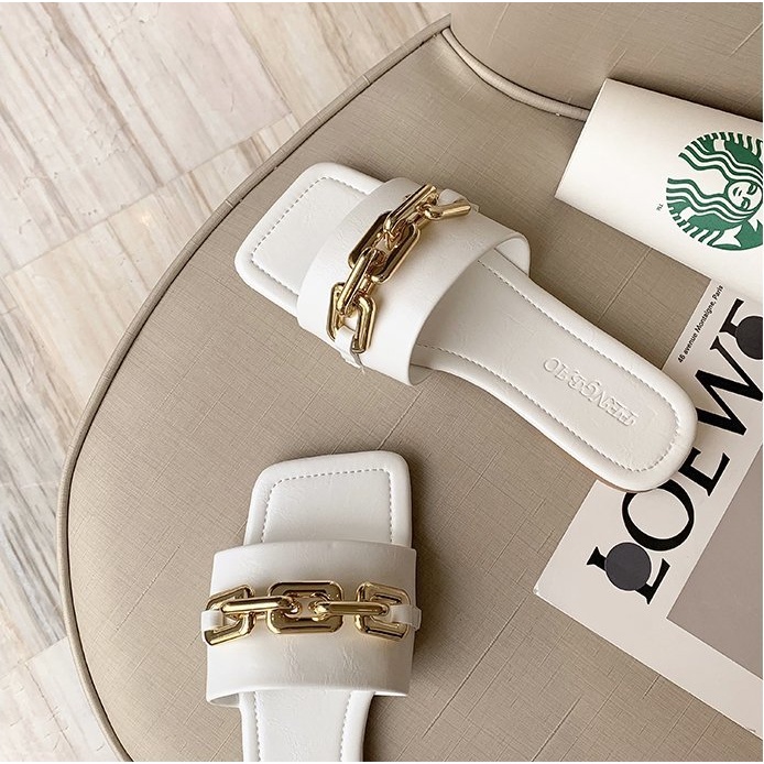 Dép nữ quai ngang quai da cao cấp viền xích vuông cực đẹp sang chảnh HOT NHẤT 2021, dép lê nữ đẹp mang êm chân