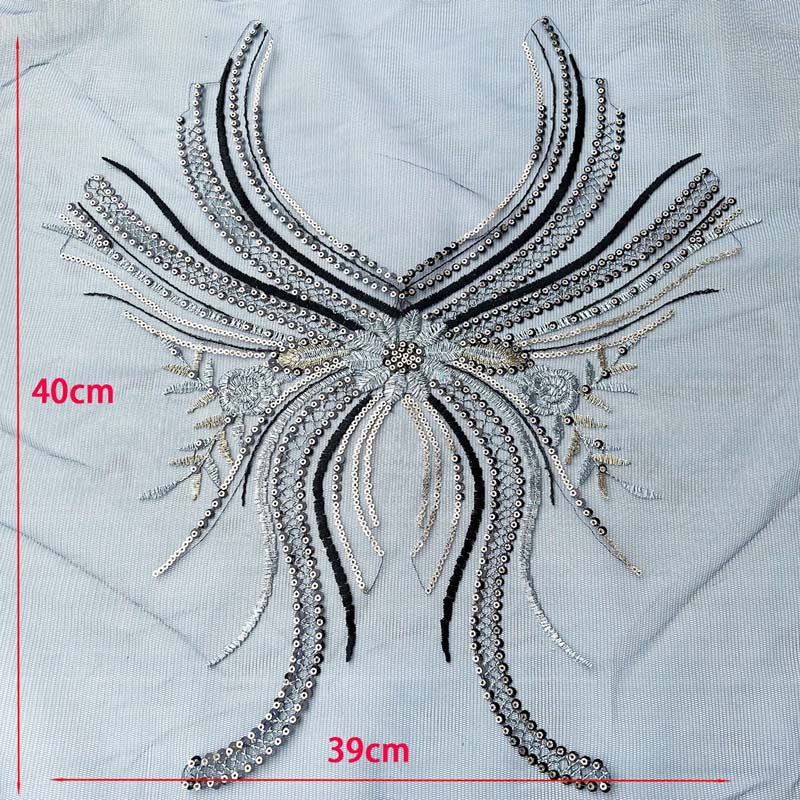 1 Miếng Vải Ren Hoa 3D 40 * 39CM Màu Đen Thêu Thủ Công Trang Trí Váy Cưới