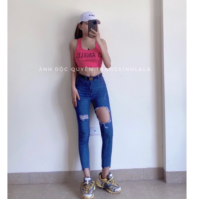 Quần jean nữ lưng cao rách gối co giãn - quần bò nữ cạp cao rách gối dáng ôm chất jeans đẹp cao cấp