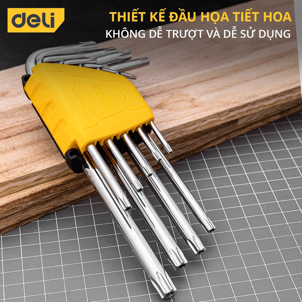 Bộ Lục Giác 9 Cây Đầu Hoa Thị Chữ L T10-T50 Deli Chính Hãng - Chất Liệu Thép Siểu Bền - Chuyên Dụng Sửa Chữa - DL3091