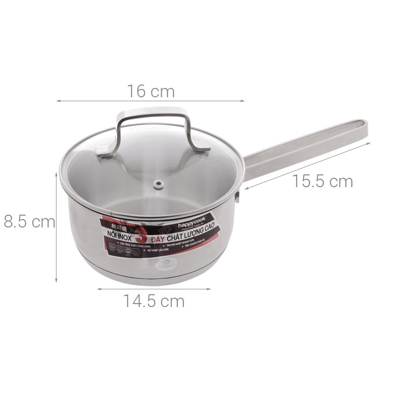 Quánh inox cao cấp 3 đáy nắp kiếng Happy Cook Milan X Q16- MLGX 16cm