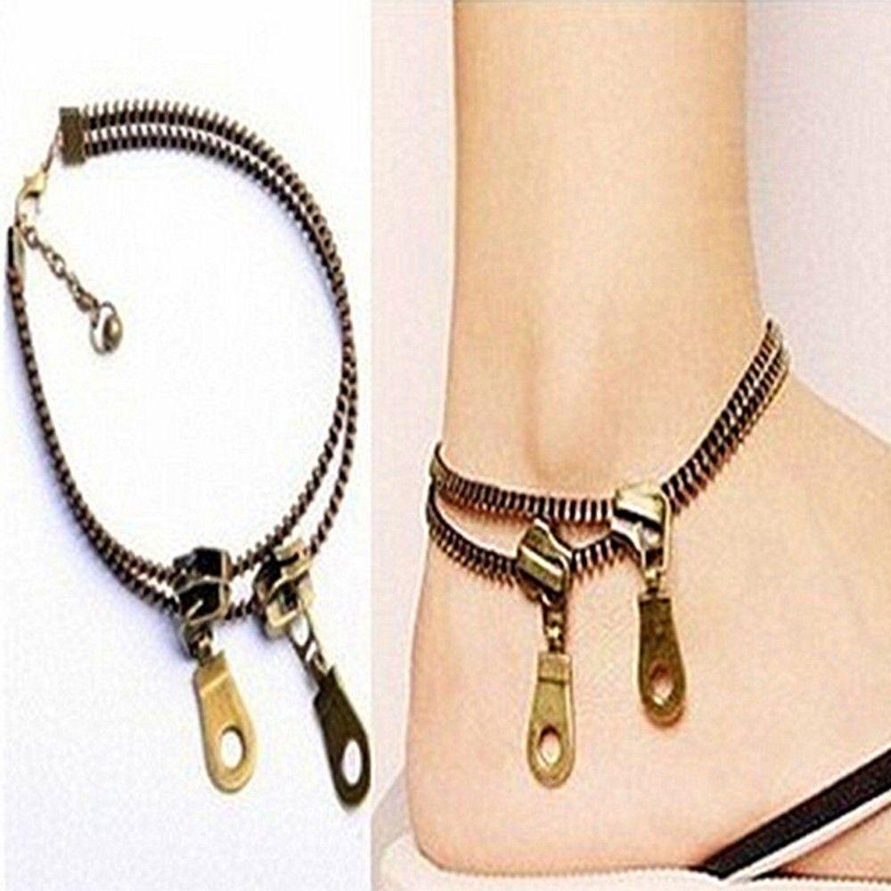 Lắc Chân Kim Loại Màu Đồng Phối Khóa Kéo Thời Trang Unisex