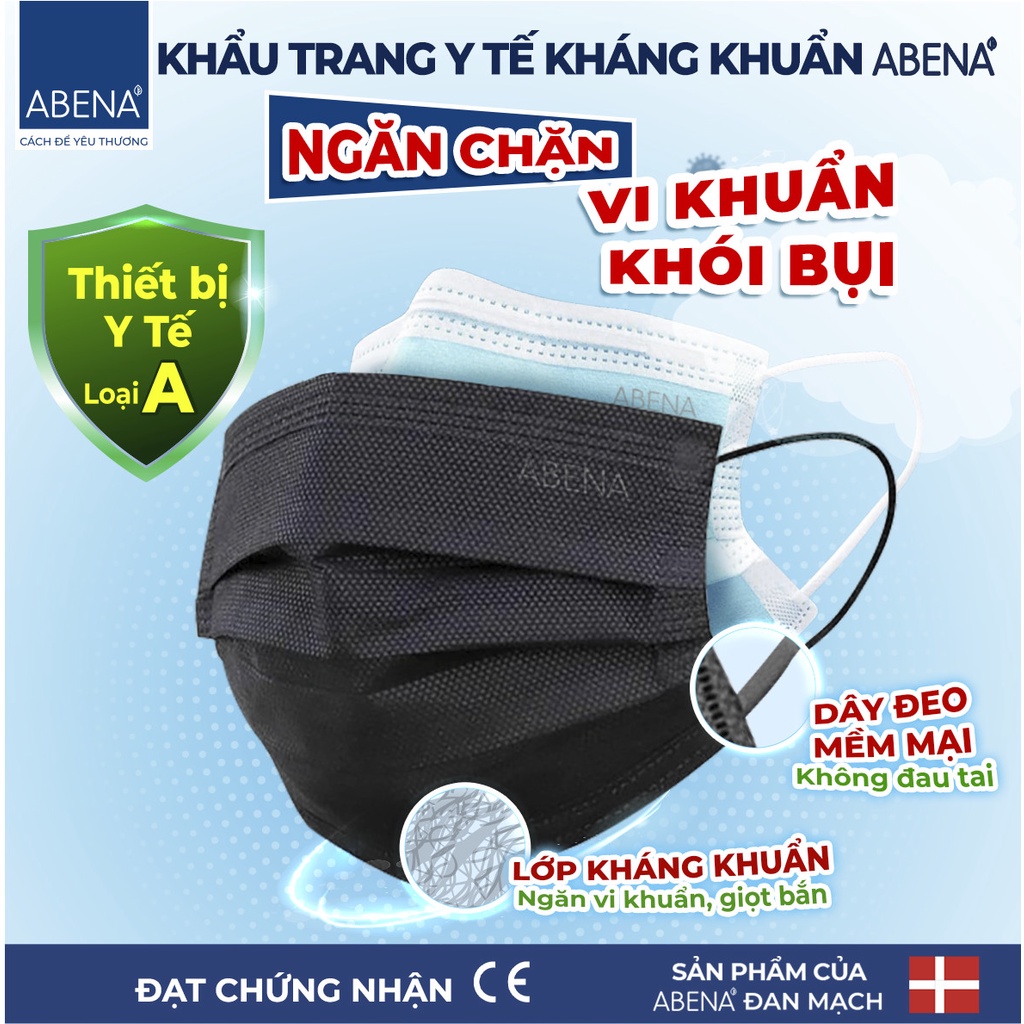 Khẩu trang y tế 3 lớp Abena kháng khuẩn mỏng nhẹ chống khói bụi vi khuẩn  (Hộp 50 cái)