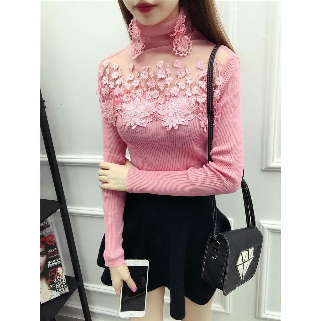 Áo len cổ lọ tay dài phối ren đính đá thời trang thu đông mới cho nữ 2021