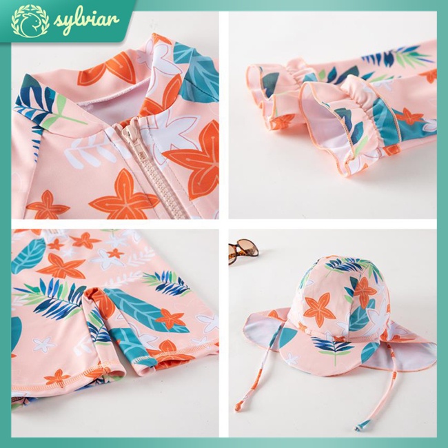 Bộ Đồ Bơi 2 Mảnh Dài Tay Họa Tiết Hoa Lá Xinh Xắn Cho Bé Gái