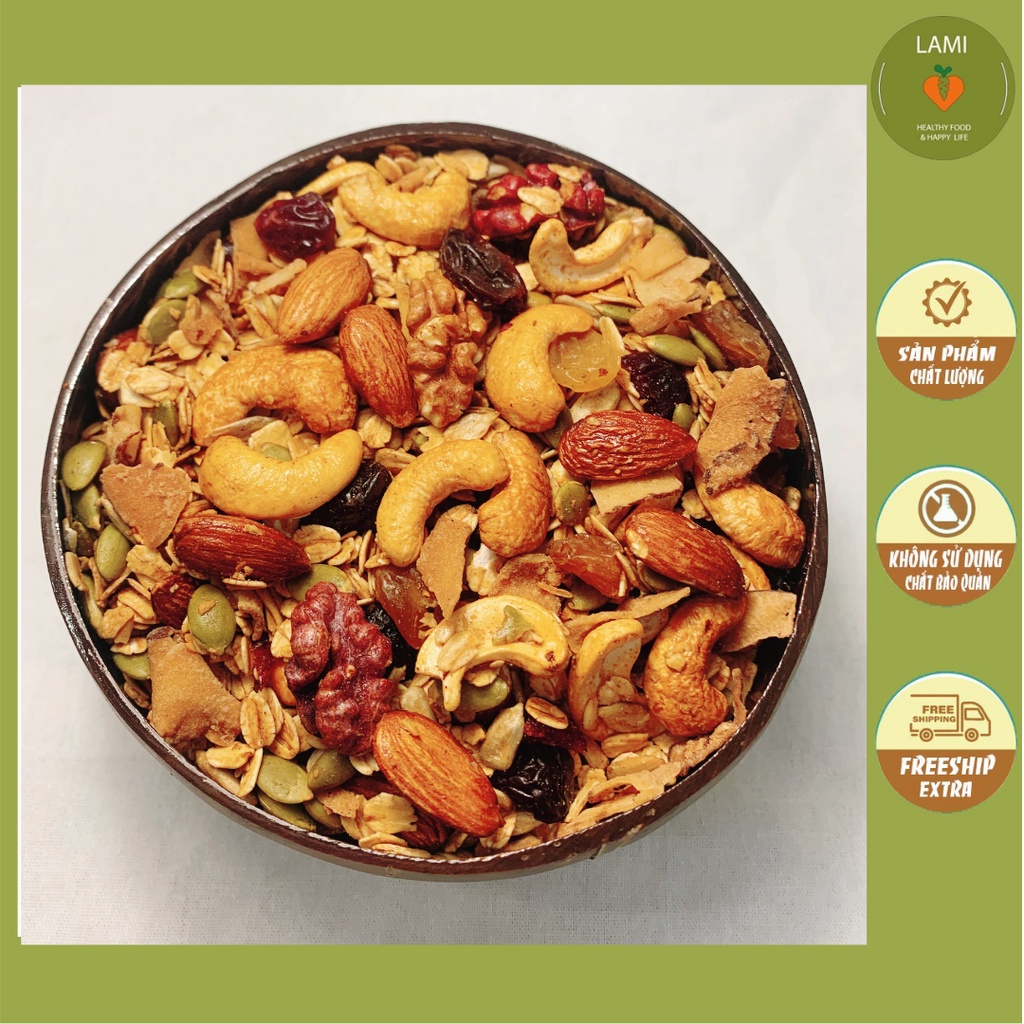 Ngũ cốc giảm cân Granola Siêu nhiều hạt Hàng cao cấp 9 loại hạt quả nướng dầu dừa mật ong ít yến mạch 500g