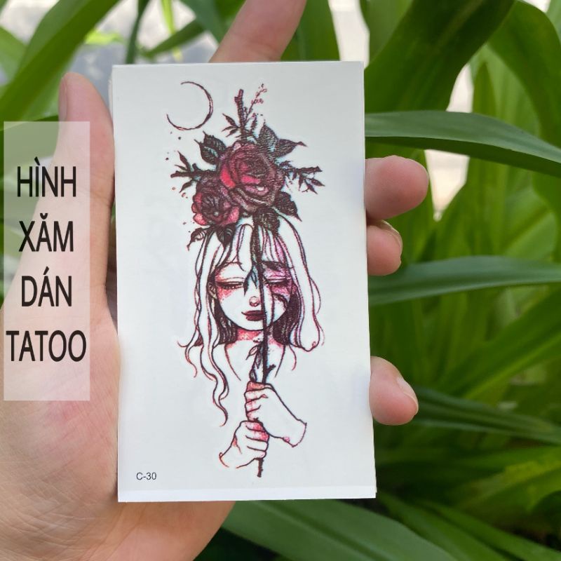 Hình xăm cô gái hoa hồng đỏ c30. Tatoo dán tạm thời size &lt;10x6cm