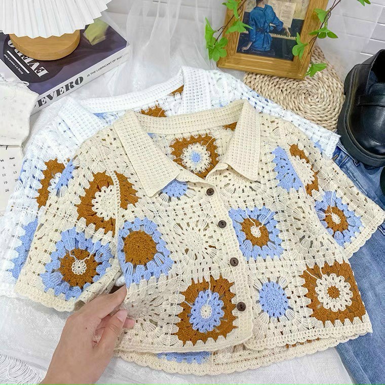 Áo polo ren cổ bẻ, chất len lưới thêu hoa hàng Quảng Châu