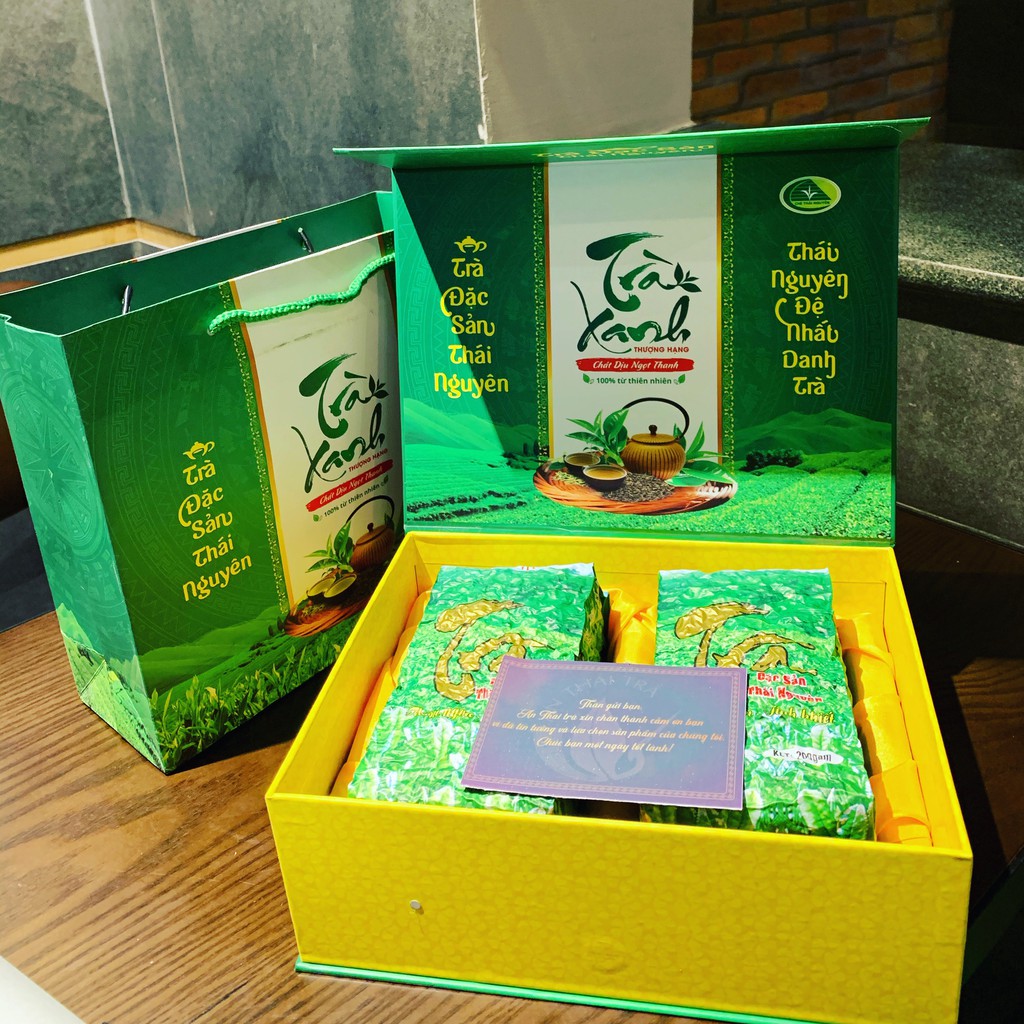 Hộp trà nõn tôm biếu tặng cao cấp tặng kèm túi xách sang trọng - Đặc sản Thái Nguyên thơm ngon hút chân không hộp 400g