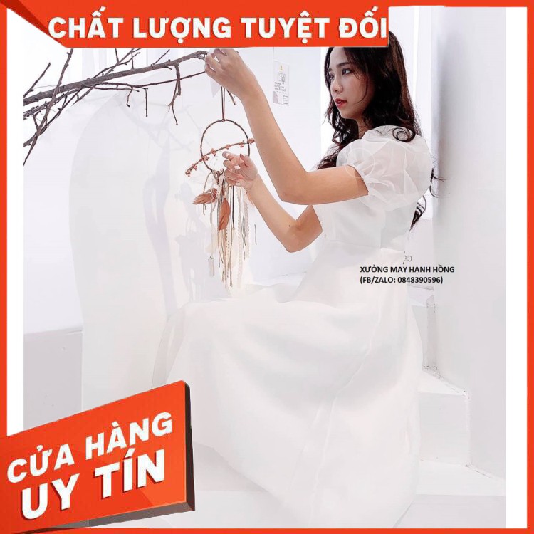 HÀNG CAO CẤP -  Váy trắng dự tiệc tiểu thư tay phồng cổ vuông, Váy công chúa trắng tay bồng có đệm ngực - Xưởng May Hạnh