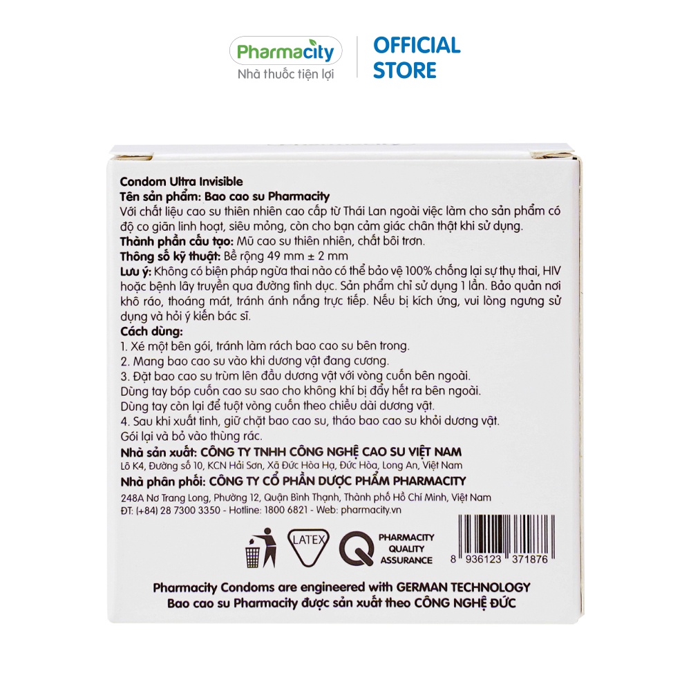 Bao cao su siêu mỏng hương dâu và hương bạc hà Pharmacity Ultra Invisible (3 cái/hộp)