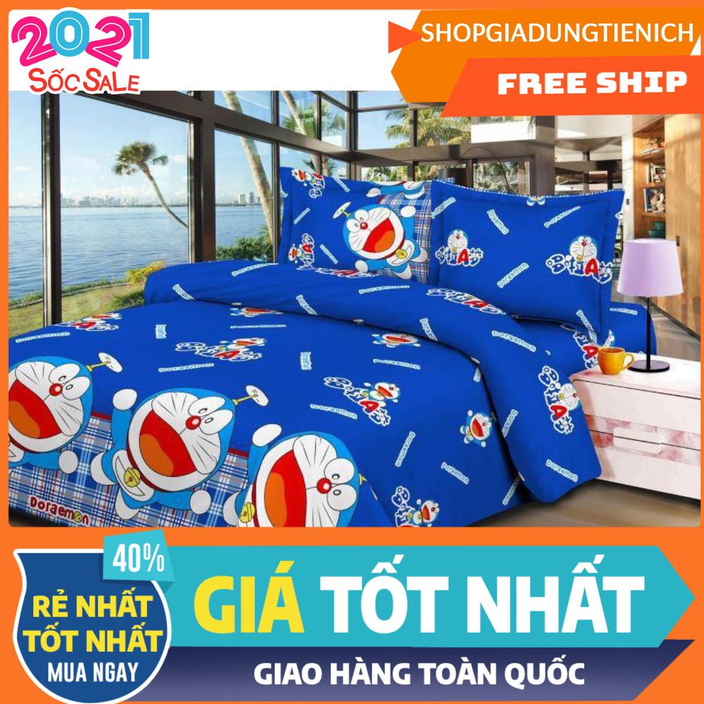 ( XẢ KHO ) Bộ Vỏ Chăn Ga Gối Kèm Vỏ Gối Ôm Poly Cao Cấp Doremon bay